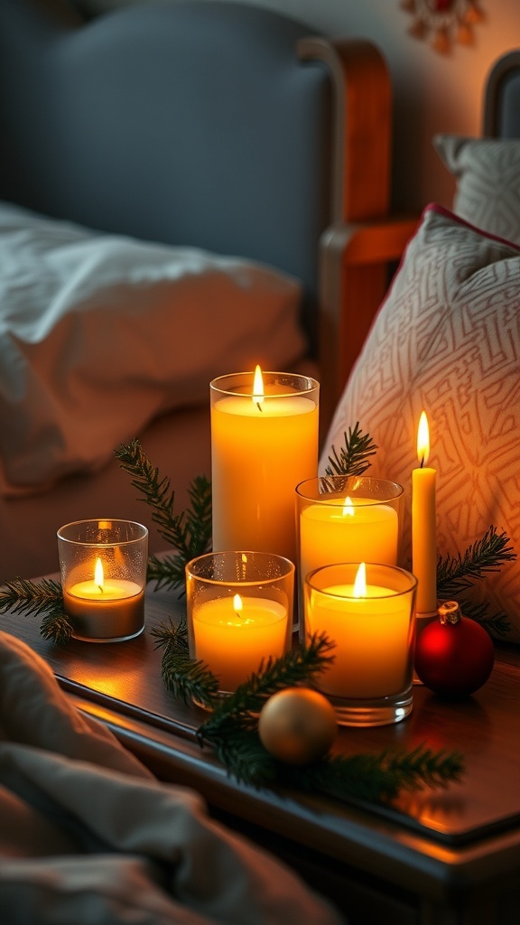 A collection of lit candles in a cozy bedroom setting, surrounded by festive decor.