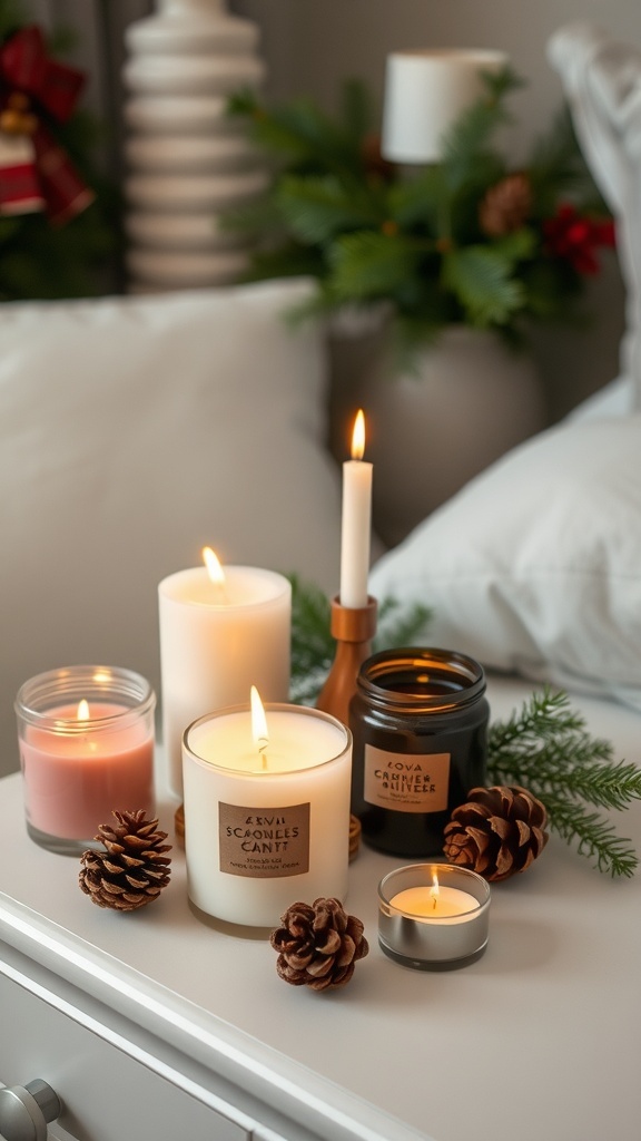 A cozy arrangement of seasonal scented candles surrounded by pinecones and greenery on a bed.