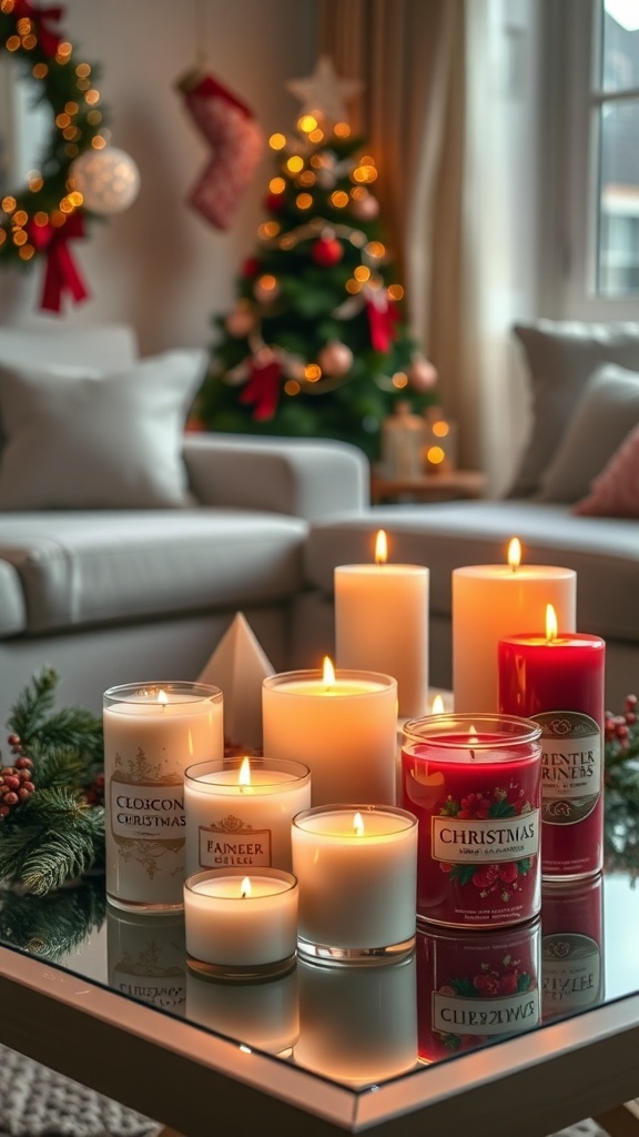 A cozy arrangement of seasonal scented candles surrounded by greenery, with a Christmas tree in the background.