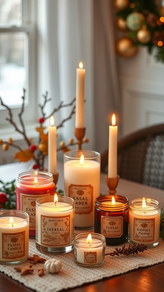 A collection of seasonal scented candles in various sizes and colors, creating a warm and festive atmosphere.