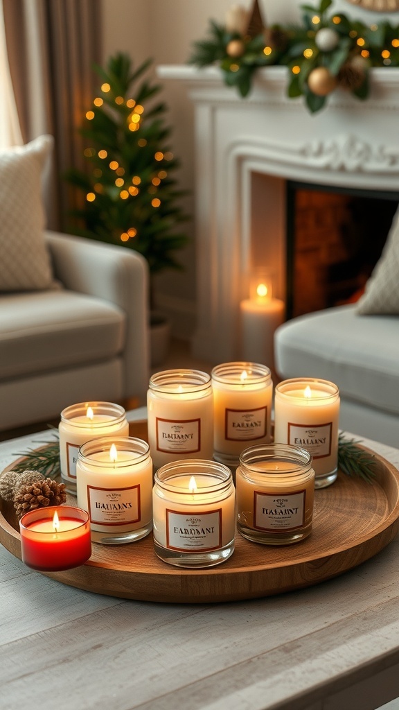 A collection of various scented candles on a wooden tray, creating a warm and inviting atmosphere in a cozy living room.