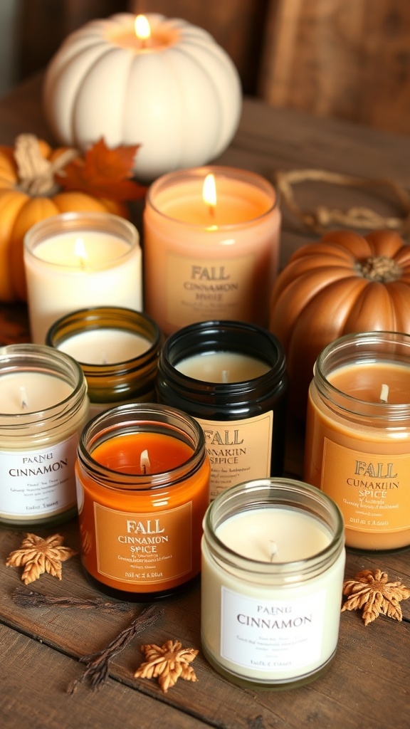 A collection of seasonal scented candles in warm autumn colors, surrounded by pumpkins, leaves, and pinecones.