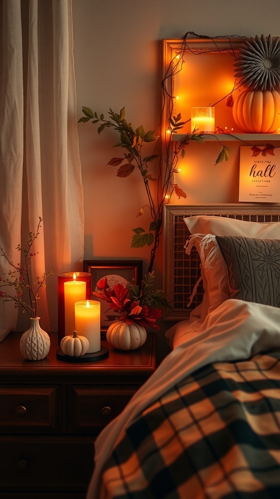 Cozy fall bedroom with seasonal scented candles, pumpkins, and autumn decor.