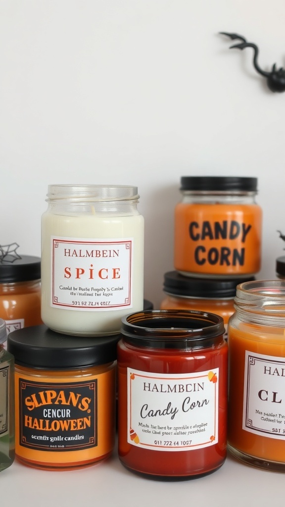 A collection of Halloween scented candles including 'Spice' and 'Candy Corn' in decorative jars.