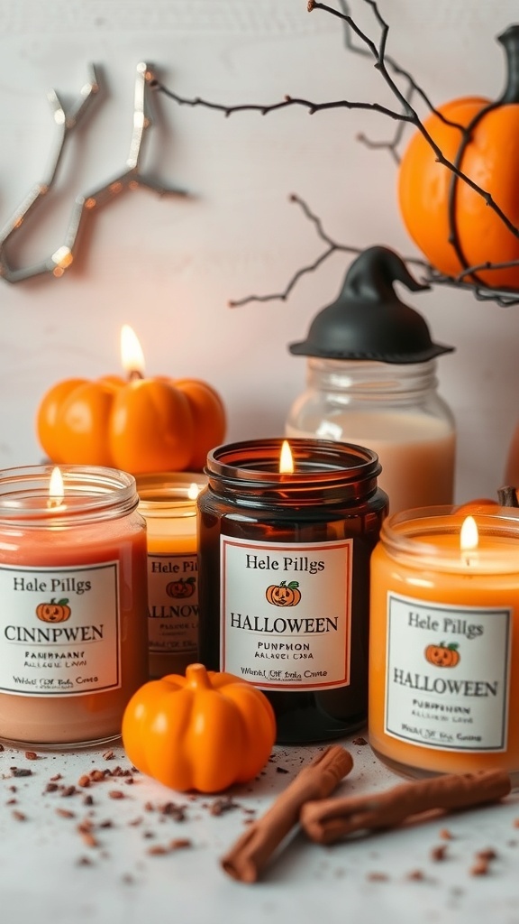 A collection of Halloween-themed scented candles with pumpkins and cinnamon sticks.
