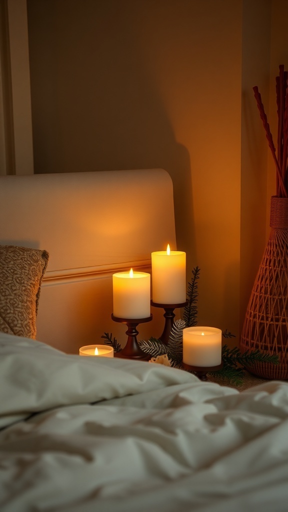 A cozy bedroom scene with lit candles on a bedside table, creating a warm and inviting atmosphere.