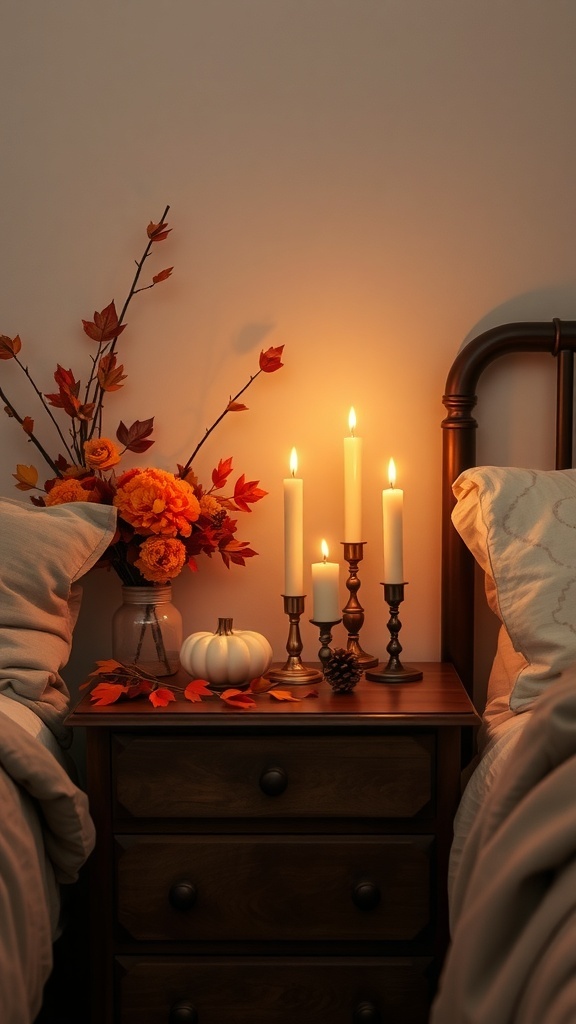 A cozy bedside table with seasonal scented candles, a pumpkin, and autumn flowers.
