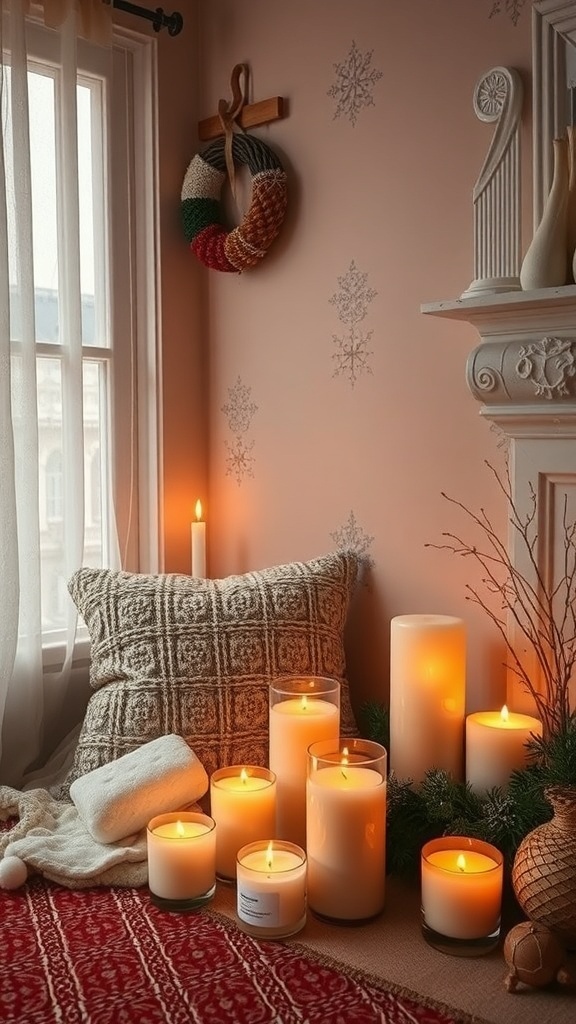 Cozy corner with seasonal scented candles, a pillow, and a decorative wreath