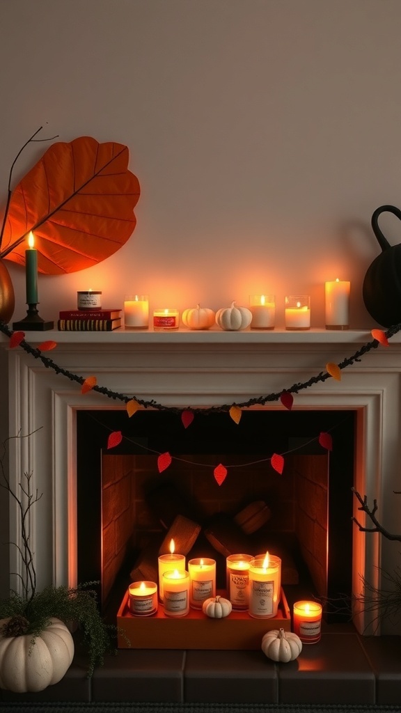 A cozy fireplace decorated with seasonal scented candles, pumpkins, and autumn leaves.