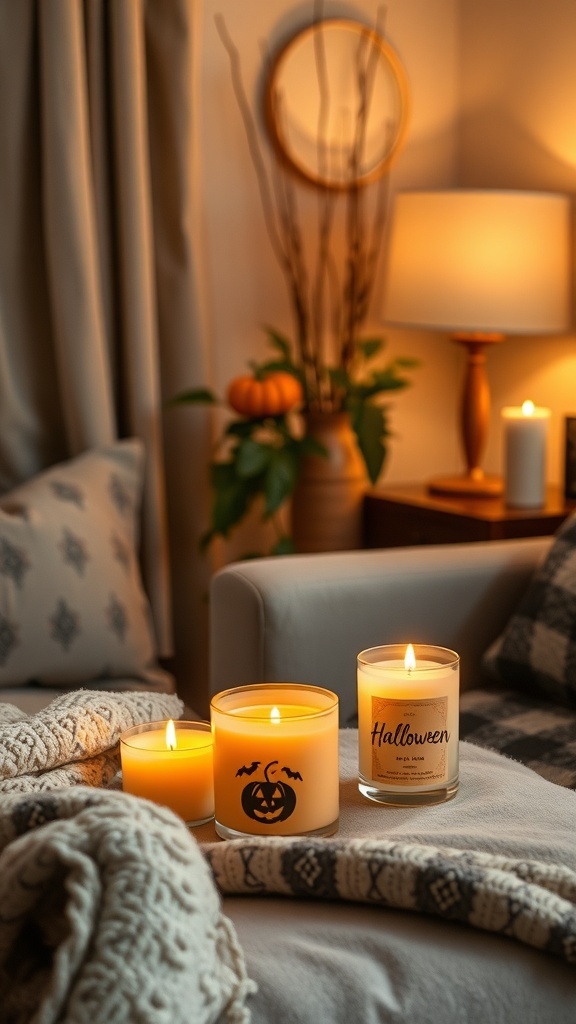 Cozy apartment with seasonal scented candles for Halloween