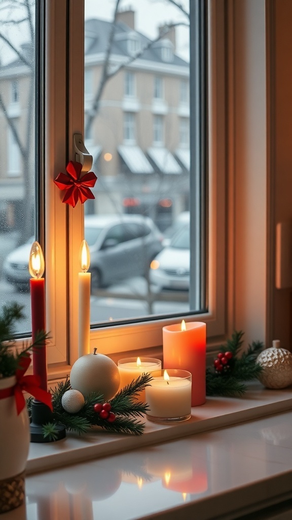 A cozy kitchen window decorated with seasonal scented candles and festive decor.