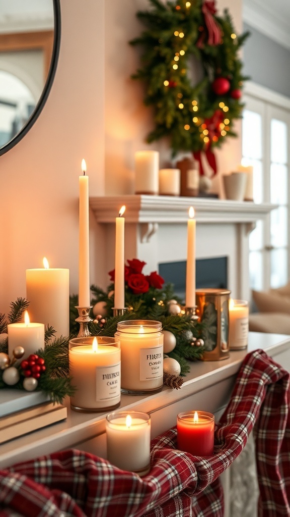 Cozy Christmas living room with seasonal scented candles and festive decor
