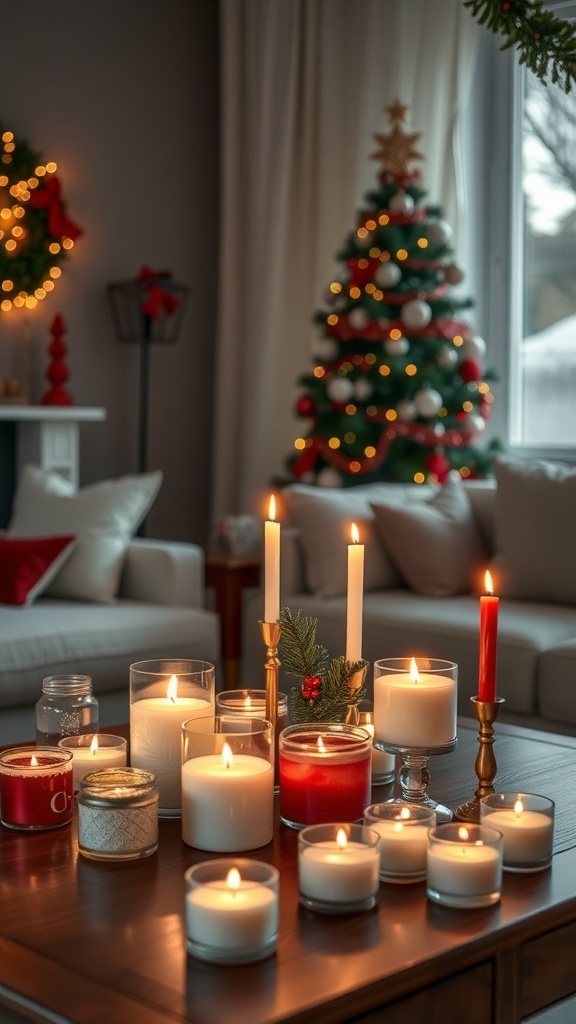 A cozy living room decorated for Christmas with various scented candles on a table, a Christmas tree in the background, and warm lighting.