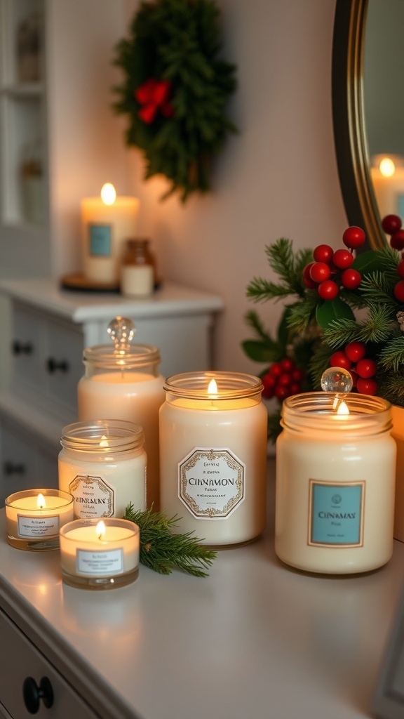 A collection of seasonal scented candles with a warm glow, surrounded by holiday decorations.