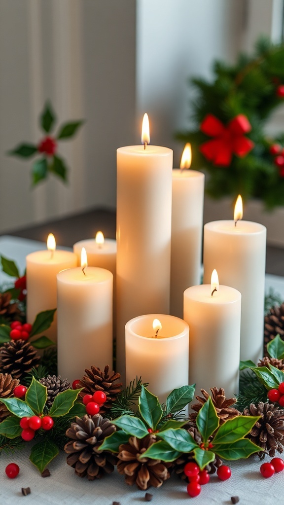 A collection of white candles surrounded by pine cones and holly, creating a festive atmosphere.