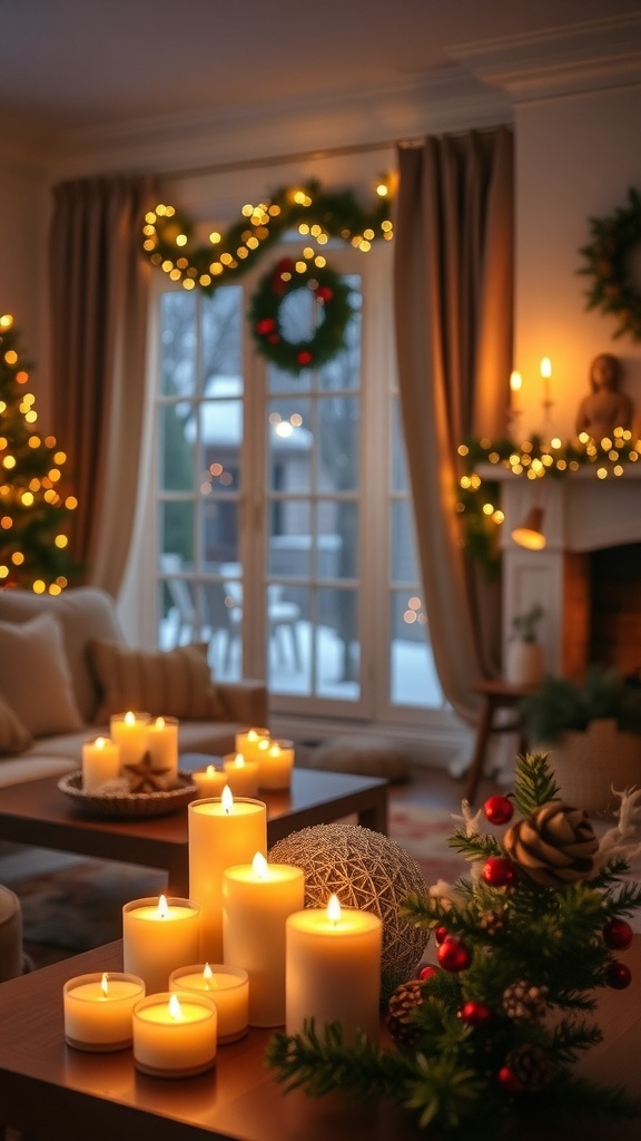 A cozy living room decorated for Christmas with various scented candles on the table.