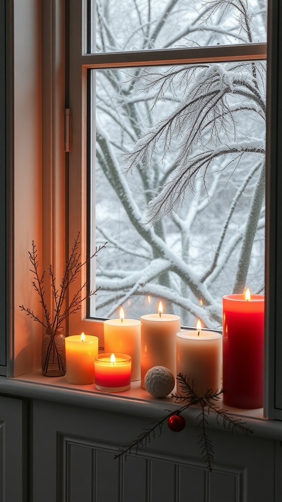 A cozy window display featuring various scented candles with a snowy background.