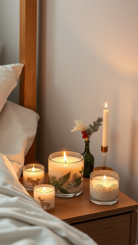 A cozy bedroom scene featuring various scented candles on a nightstand.