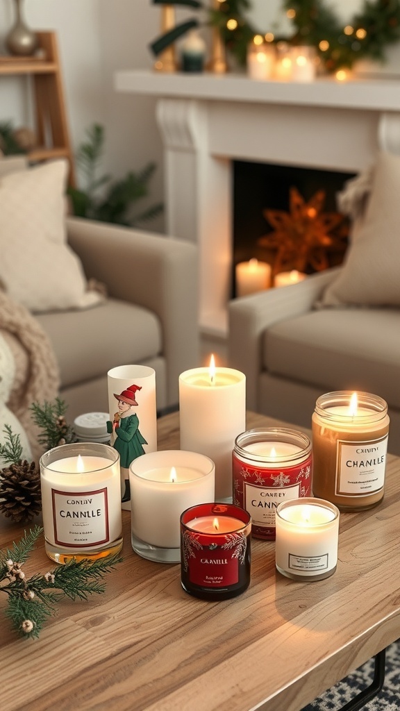 A collection of seasonal scented candles on a wooden table, surrounded by winter decor.