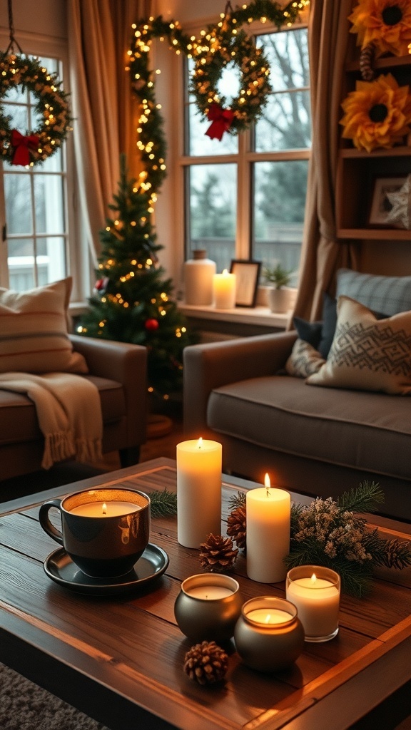 A cozy living room with candles, a cup of coffee, and festive decor.