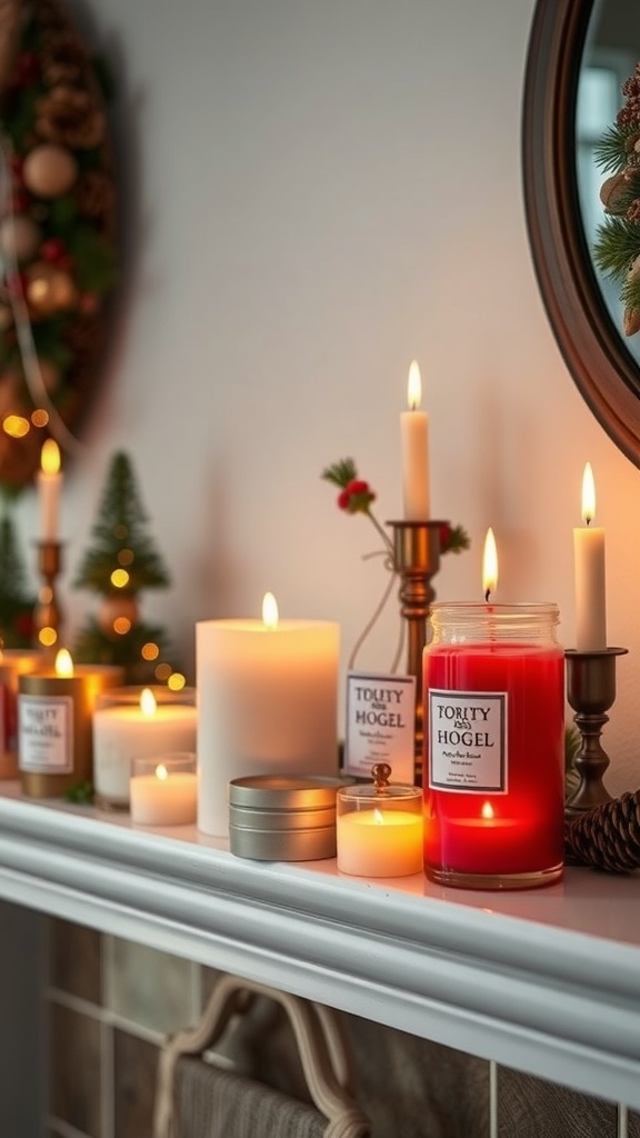 A cozy display of various scented candles on a mantel, creating a warm winter atmosphere.