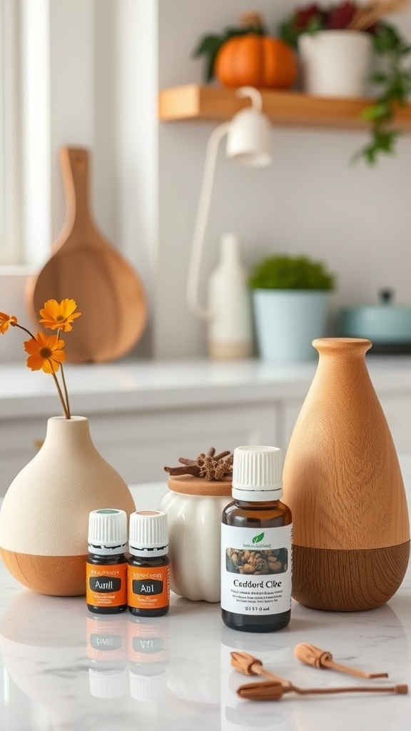 A collection of seasonal scented oils in a cozy kitchen setting, featuring wooden vases and fall decor.