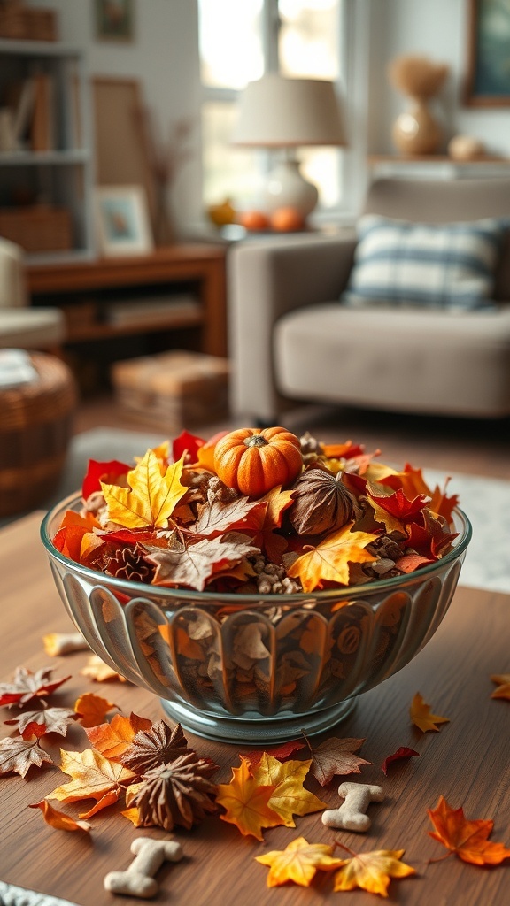 A bowl of colorful autumn leaves and small pumpkins on a wooden table, creating a cozy Halloween decor.