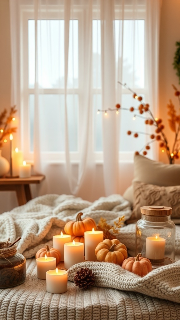 Cozy fall room decor with candles and pumpkins