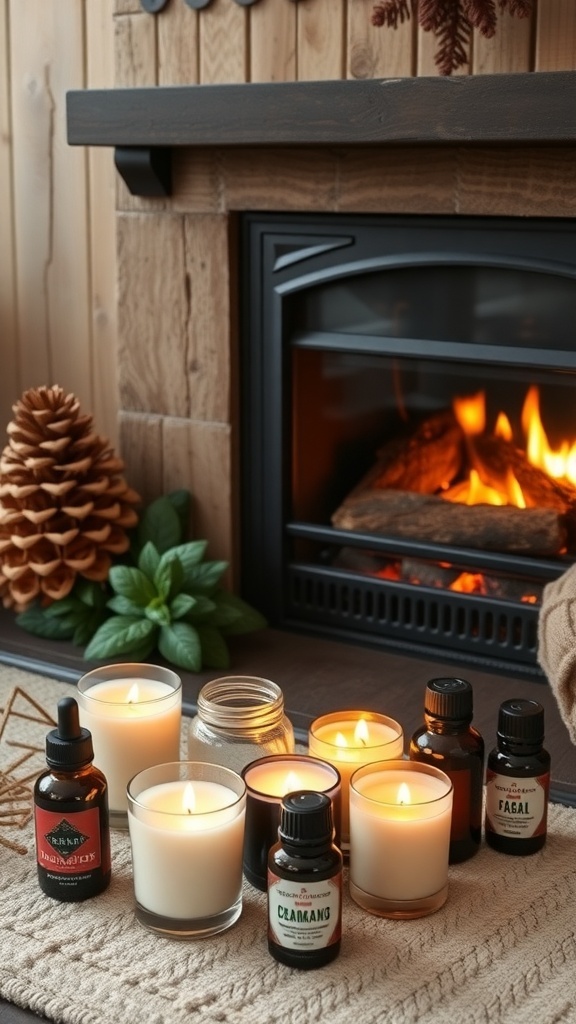 A cozy fireplace scene with candles and essential oils arranged around it, creating a warm and inviting atmosphere.