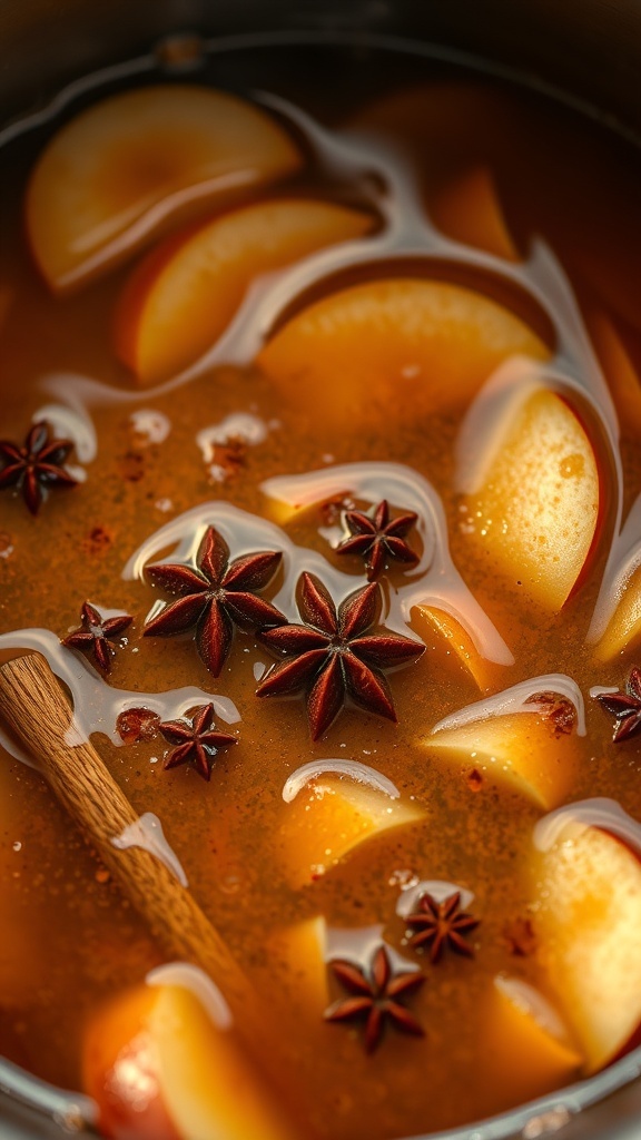 A pot of warm apple cider with apple slices and star anise