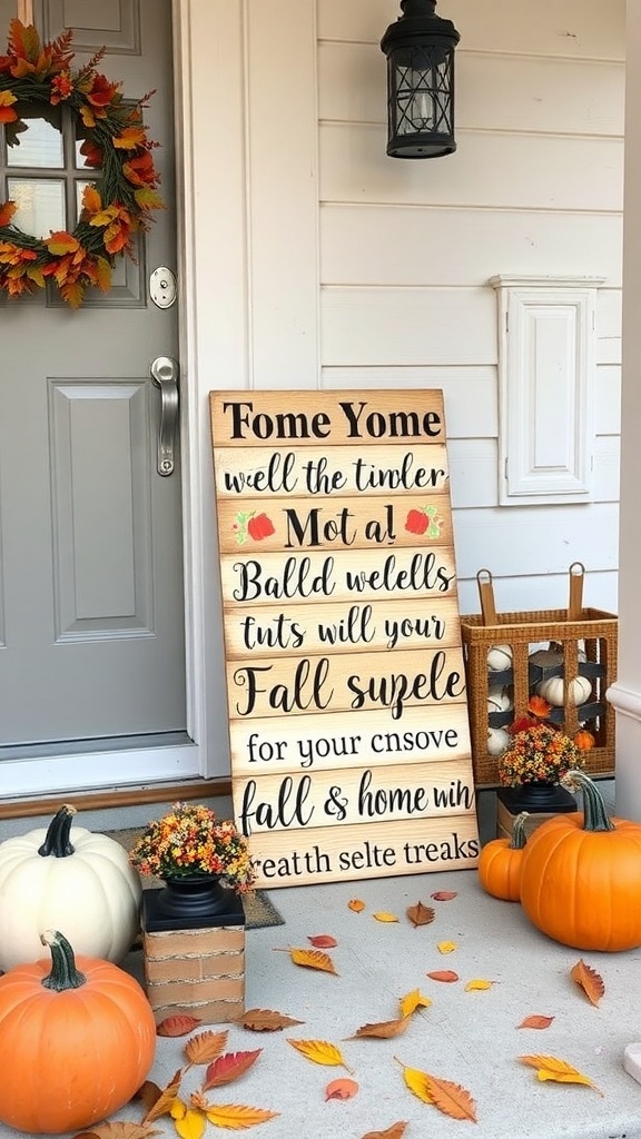 A wooden sign with a whimsical fall message, surrounded by pumpkins and flowers on a porch.