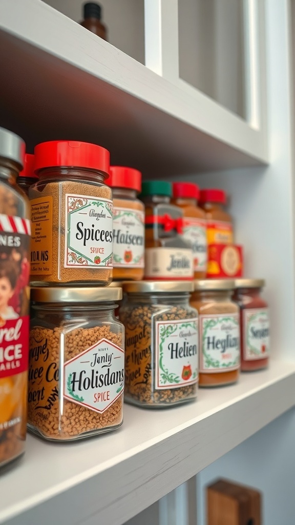 A collection of spice jars with decorative labels on a kitchen shelf.