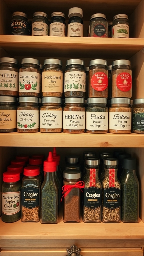 A neatly organized spice rack with holiday-themed labels and decorations.