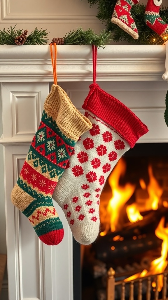 Colorful winter stockings hanging on a fireplace mantle with a warm fire in the background.