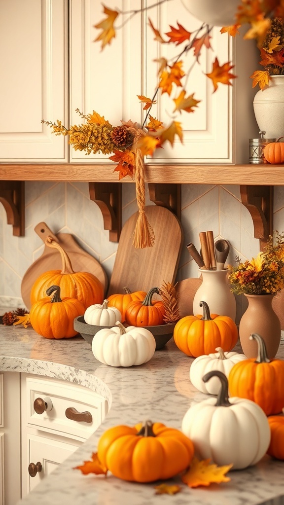 A beautifully styled kitchen countertop with pumpkins and autumn leaves.