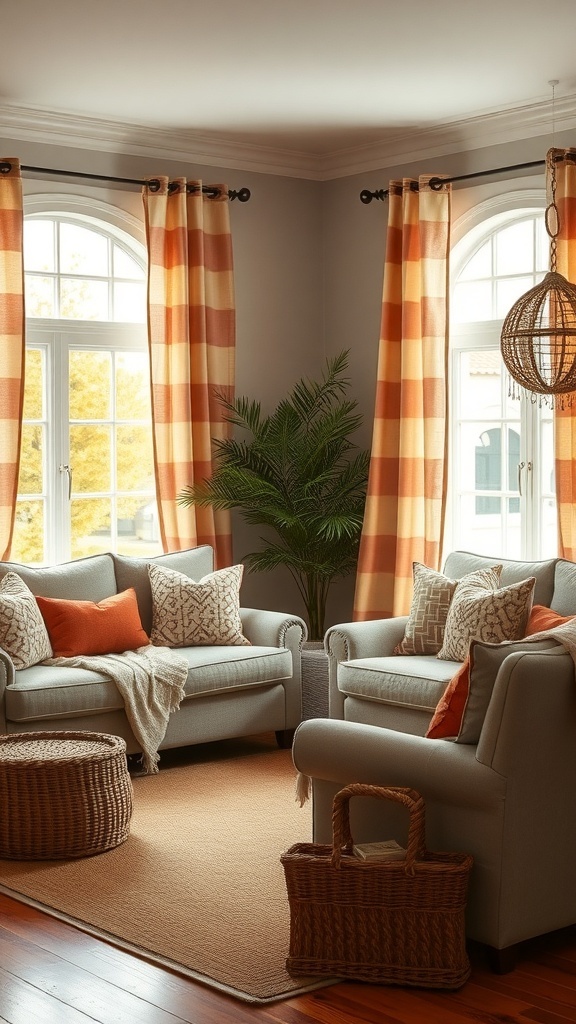 A cozy living room with orange and cream checked farmhouse curtains, comfortable sofas, and decorative pillows.
