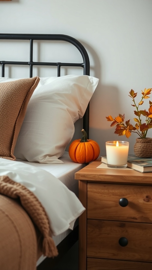 A cozy fall-themed bedside table with a pumpkin, candle, and autumn leaves.