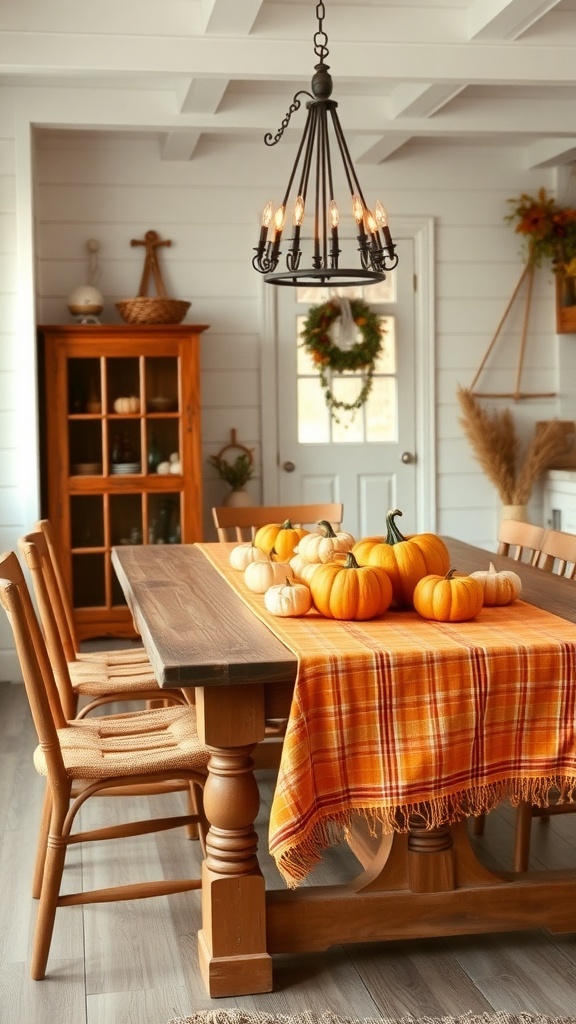 Farmhouse kitchen table decorated for fall with pumpkins and an orange plaid tablecloth.