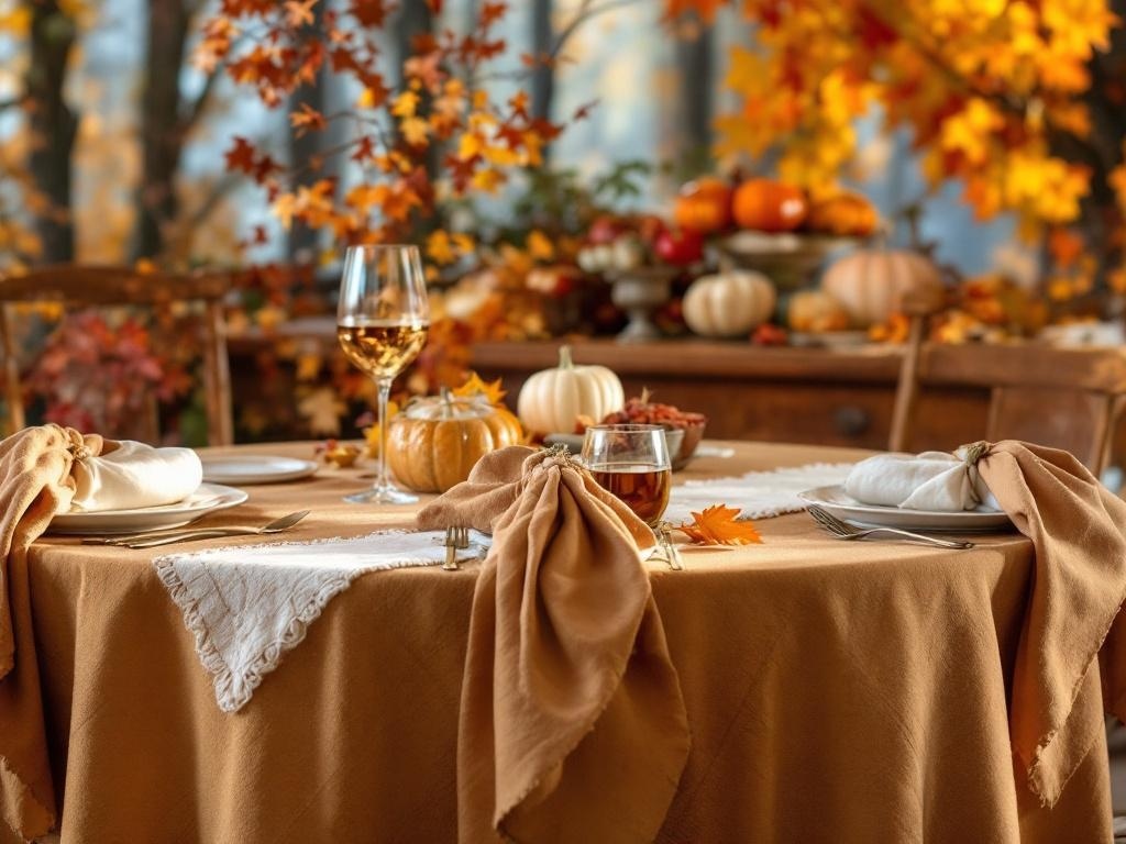 A beautifully set Thanksgiving dining table with seasonal linens, pumpkins, and autumn leaves.