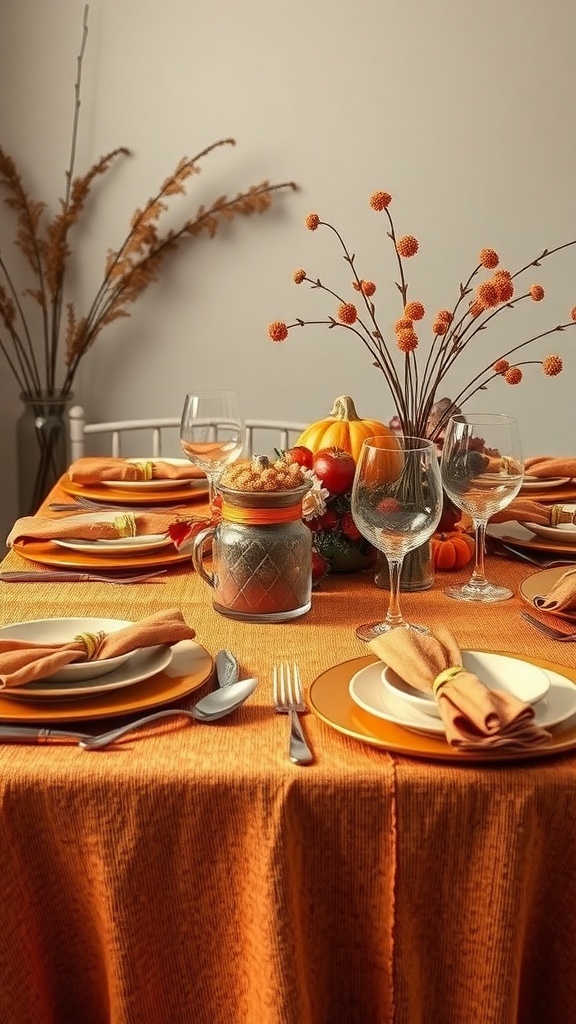 Thanksgiving dinner table setting with orange linens, plates, and seasonal decorations.