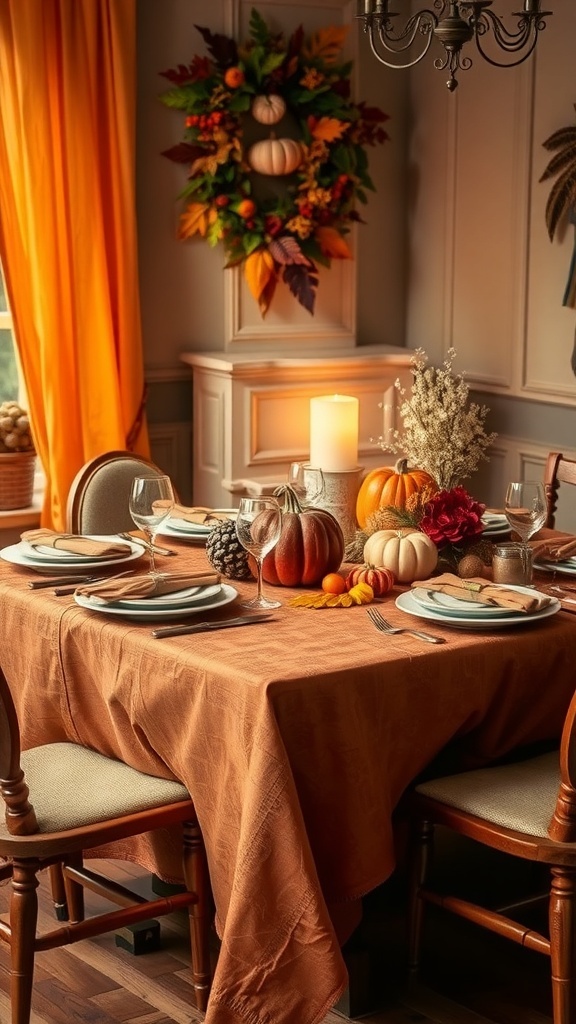 Thanksgiving table setup with orange tablecloth, pumpkins, and autumn decorations