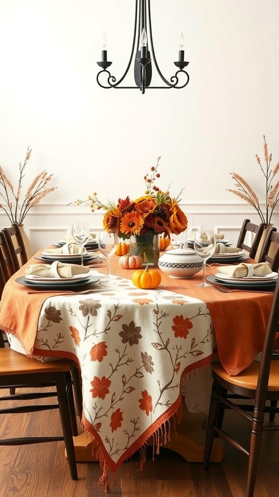 Thanksgiving dinner table with seasonal table linens, floral centerpiece, and pumpkins