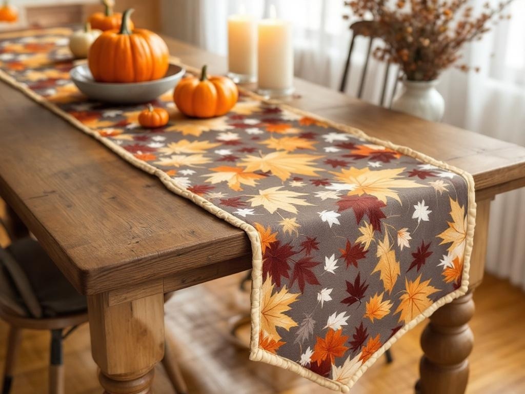 A table set for Thanksgiving with a seasonal table runner featuring autumn leaves, pumpkins, and candles.
