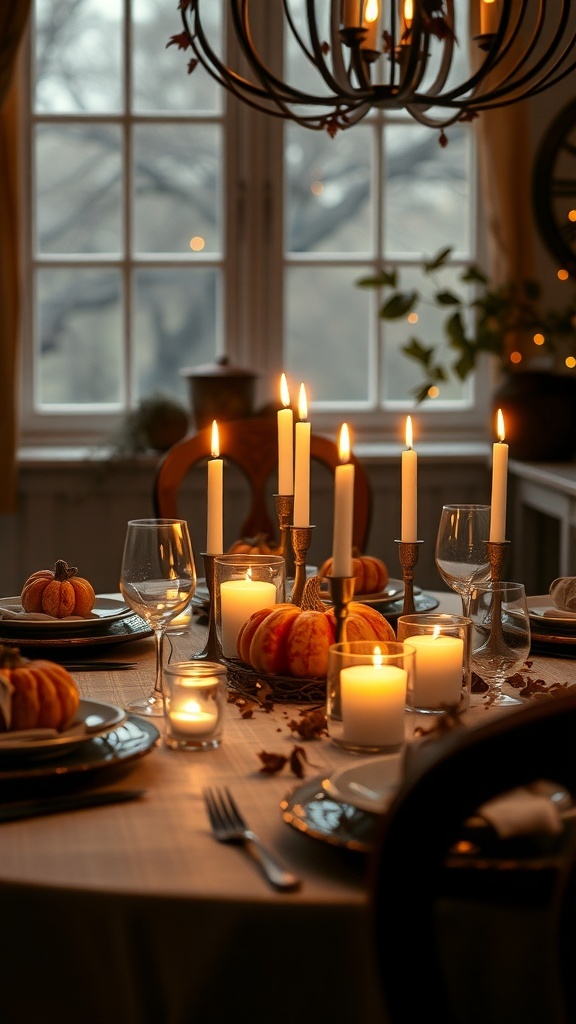 A beautifully set Thanksgiving table with candles and pumpkins, creating a warm atmosphere.