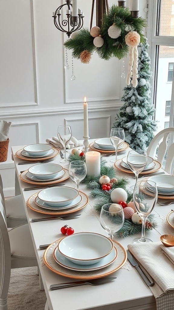 A beautifully set winter dining table with white plates, gold accents, a candle centerpiece, and a small Christmas tree.