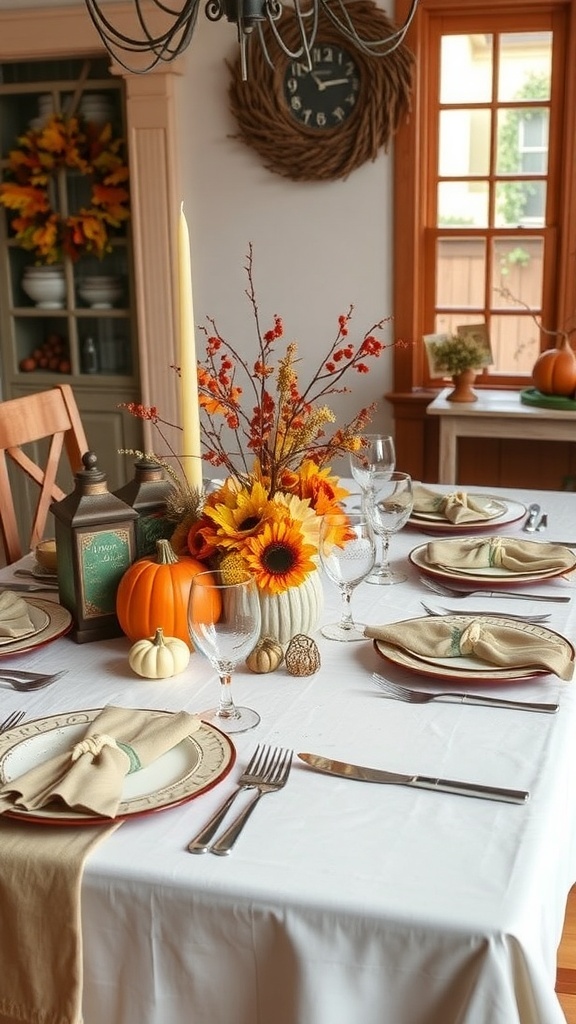 A beautifully set fall dining table with sunflowers, pumpkins, and elegant tableware.