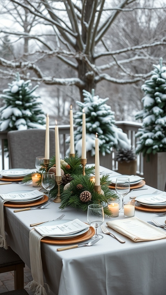 A beautifully set outdoor winter dining table with candles and evergreen decor.