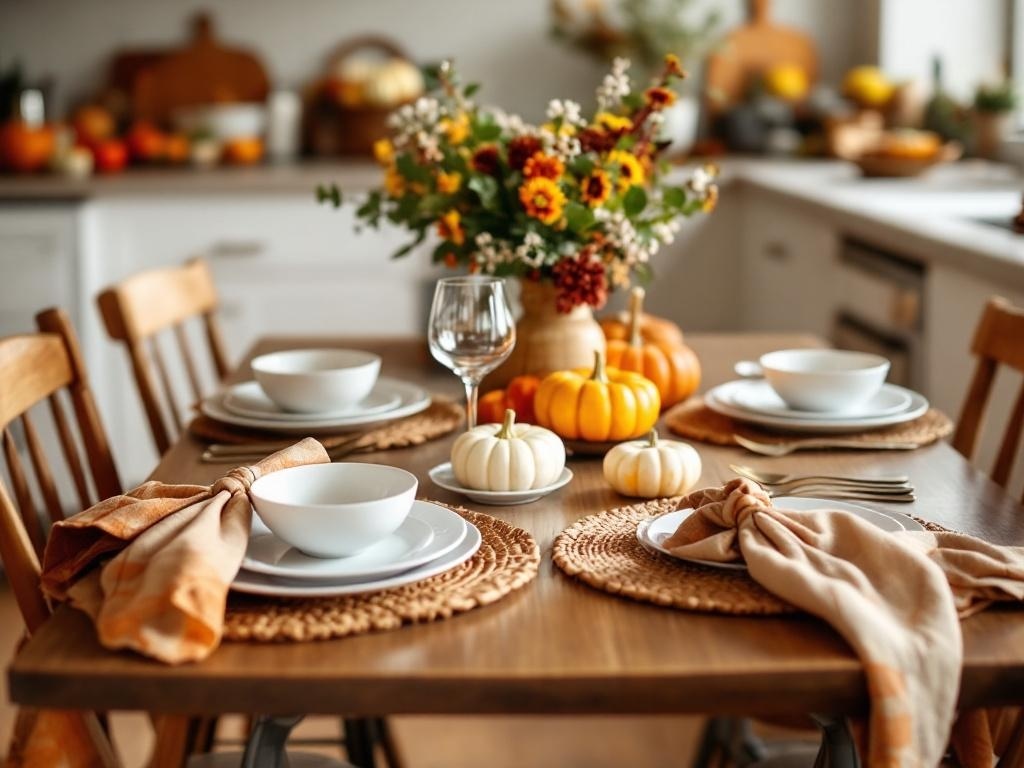 A cozy fall table setting with pumpkins, flowers, and woven placemats.