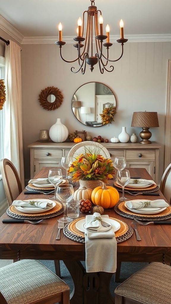 A cozy fall table setting with a floral centerpiece, pumpkins, and elegant tableware.
