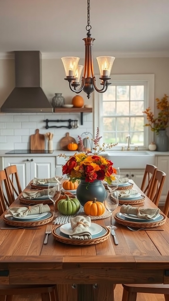 A beautifully arranged fall-themed dining table with pumpkins, flowers, and elegant tableware.